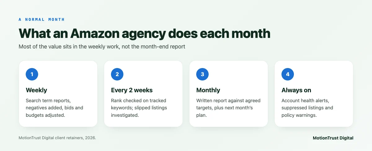 What an Amazon agency does each month: weekly bid and search term work, rank checks every two weeks, a monthly report and always-on account health